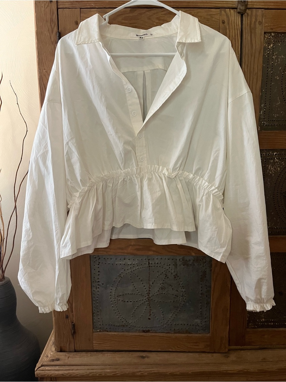 Missguided White Ruffled Peplum Button-Down Blouse